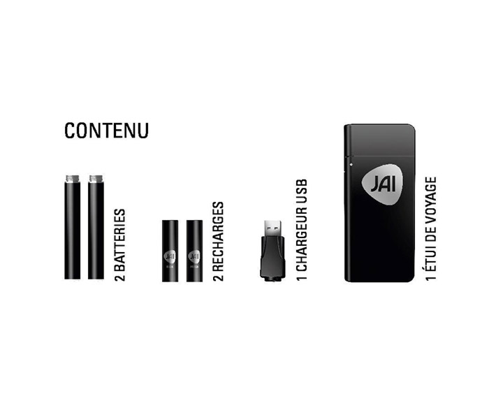 Coffret 2 vapoteuses rechargeables JAI
2 Recharges (Fresh & Rich), 2 batteries, 1 étui, 1 chargeur USB