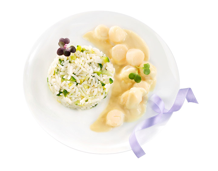 Noix de Saint Jacques sauce au Chablis et riz aux légumes verts 350g - 5,95€