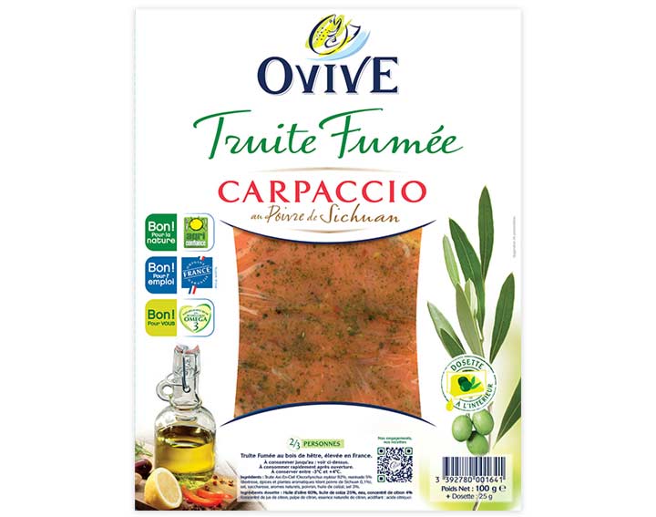 Carpaccio de Truite Fumée au Poivre de Sichuan avec dosette d'huile d'olive citronnée