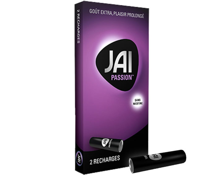 2 Recharges JAI PASSION Sans Nicotine. Mélange de fruits de la passion et d'arômes de litchi d'Asie Orientales.
