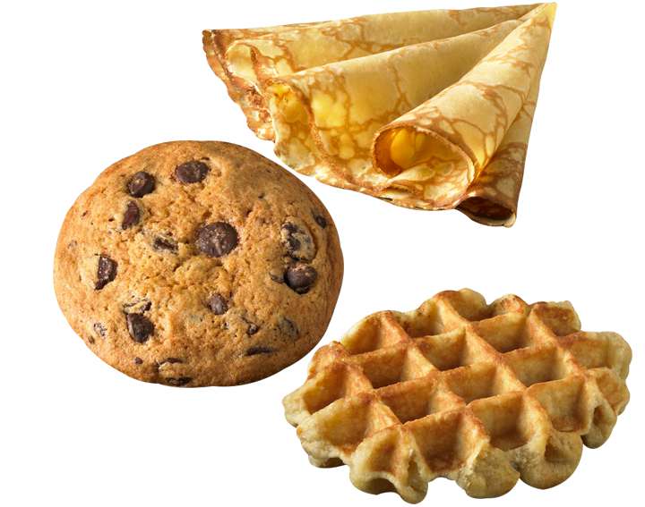 Pâtisseries: Gaufre de Liège, Crêpe, Cookie à la vanille et aux pépites de chocolat, etc.