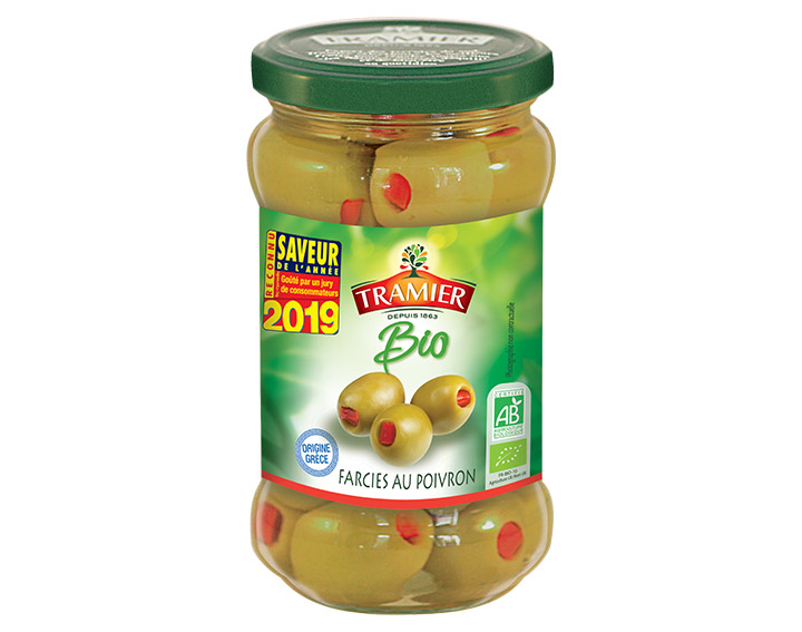 Olives vertes dénoyautées farcies au poivron