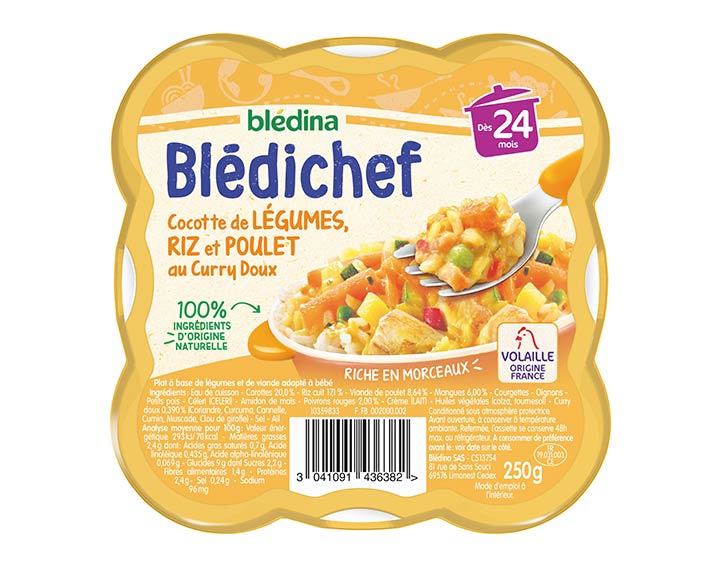 Cocotte de légumes, riz et poulet au curry doux