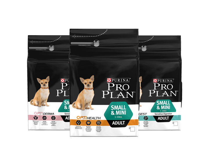 PURINA® PRO PLAN® SMALL & MINI ADULT ou SMALL & MINI ADULT SENSITIVE SKIN ou SMALL & MINI ADULT SENSITIVE DIGESTION