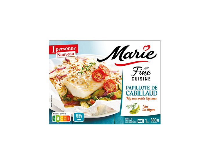 Papillote de cabillaud, riz aux petits légumes