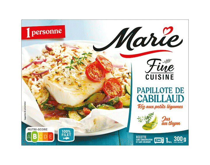 Papillote de cabillaud, riz aux petits légumes