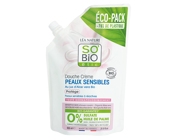 Ecopack Douche crème peaux sensibles, au jus d'Aloe vera bio, 650ml