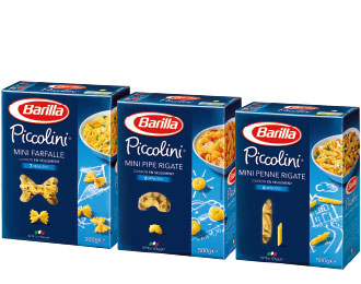Gamme Piccolini : Mini Farfalle, mini Pipe Rigate, mini Penne Rigate