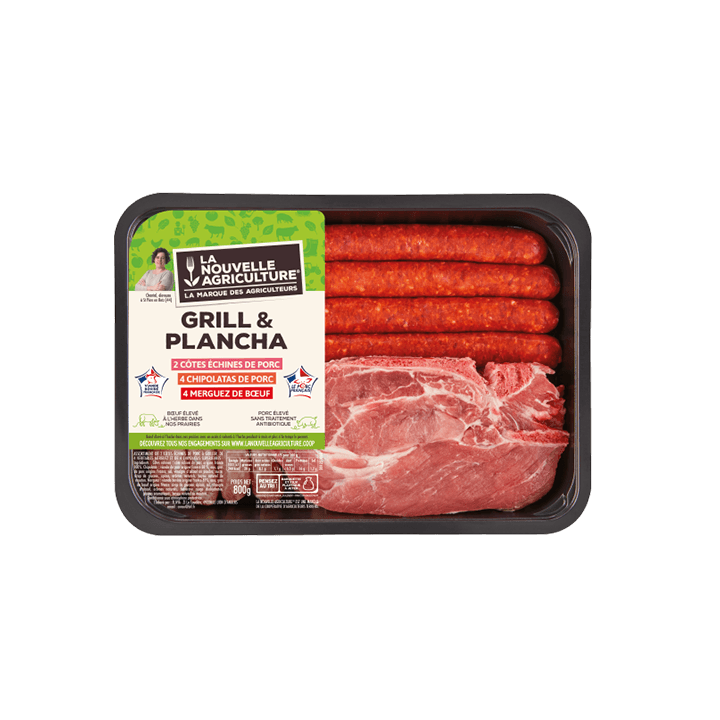 Plateau Grill et plancha : 2 côtes de porc échine, 4 chipolatas, 4 merguez 800g