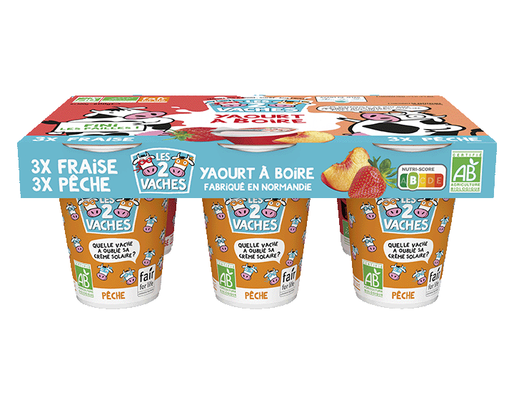 Les 2 Vaches Yaourts à Boire Pêche Fraise 100g x6