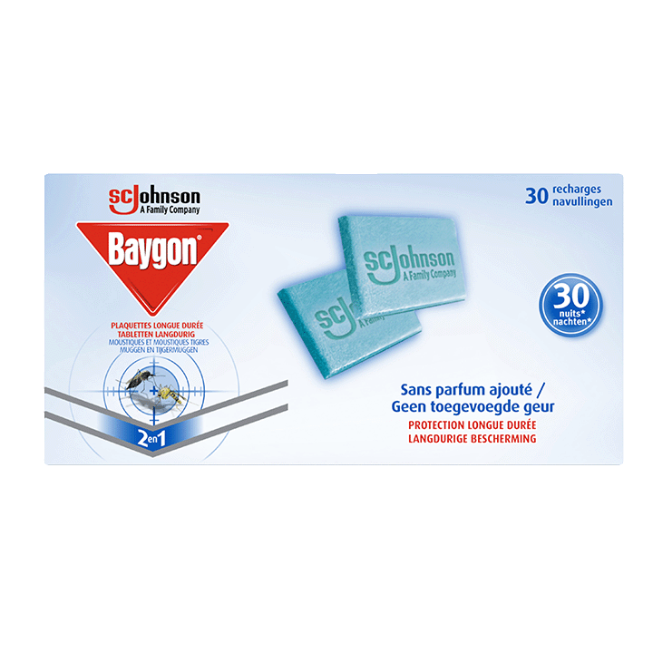Baygon Plaquettes Longue Durée Recharges - Moustiques & Moustiques Tigres - 30 Recharges