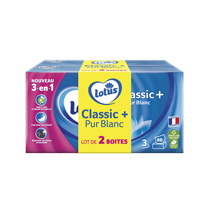 Mouchoirs Lotus boîte Classic+ Pur Blanc 2x80