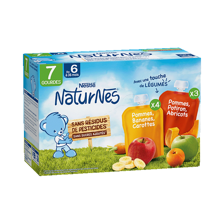 Pommes, Bananes, Carottes et Pommes, Potiron, Abricots (7x90g)