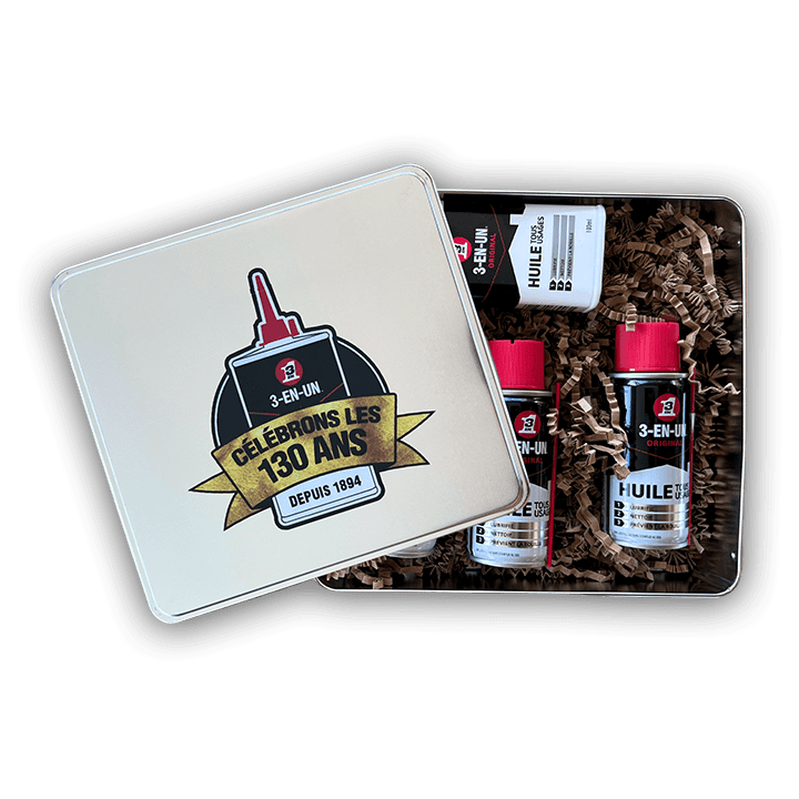 Une boîte en métal aux couleurs des 130 ans de 3-EN-UN® à gagner