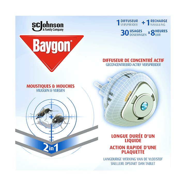 Baygon Diffuseur de Concentré Actif - Moustiques & Mouches - 30 Usages