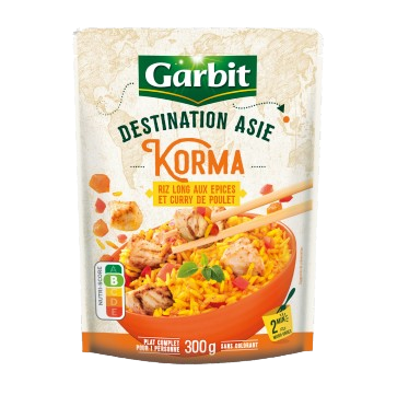 Korma, riz long aux épices et curry de poulet