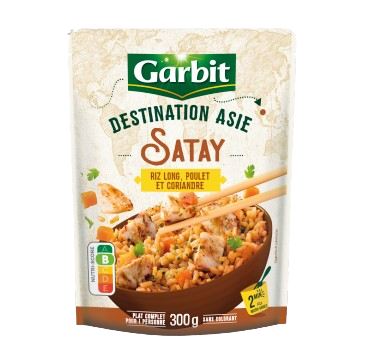 Satay, riz long, poulet et coriandre