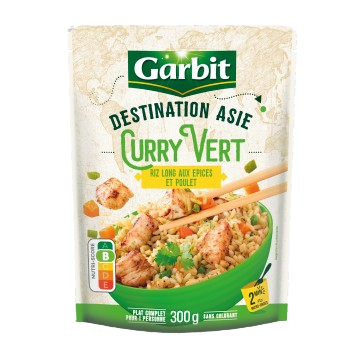 Curry vert, riz long aux épices et poulet
