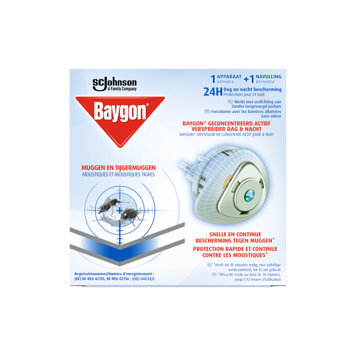 Baygon Diffuseur de Concentré Actif - Moustiques & Mouches - 1 appareil et 1 recharge