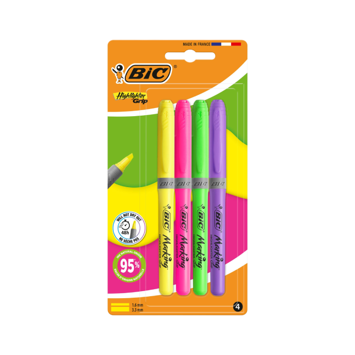 BIC® Highlighter Grip Neon Assorted - 4 Highlighters