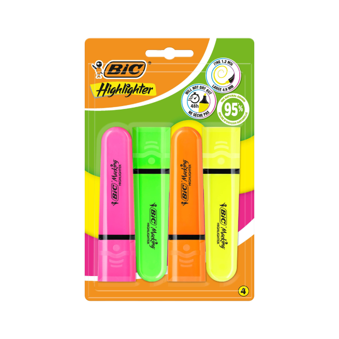 BIC® Highlighter Flat Neon Assorted - 4 Highlighters