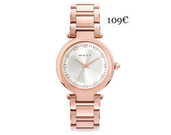 MONTRE et bracelet dorés rose, cadran argenté rehaussé de pierres imitation. 109,00€