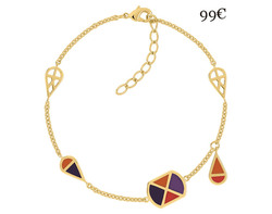 BRACELET en plaqué or agrémenté de motifs ajourés, rehaussé de motifs laqués orange, rouge et violet.