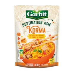 Korma, riz long aux épices et curry de poulet