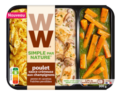 Poulet sauce crémeuse aux champignons, penne et carottes Simple Par Nature - 300g