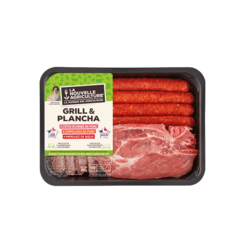 Plateau : 2 côtes de porc échine, 4 chipolatas, 4 merguez (800g)